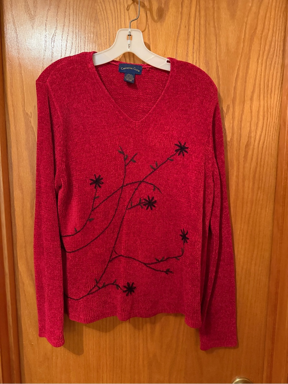 Charter Club Red V-Neck Sweater with Black Floral Vine Embroidery Size L